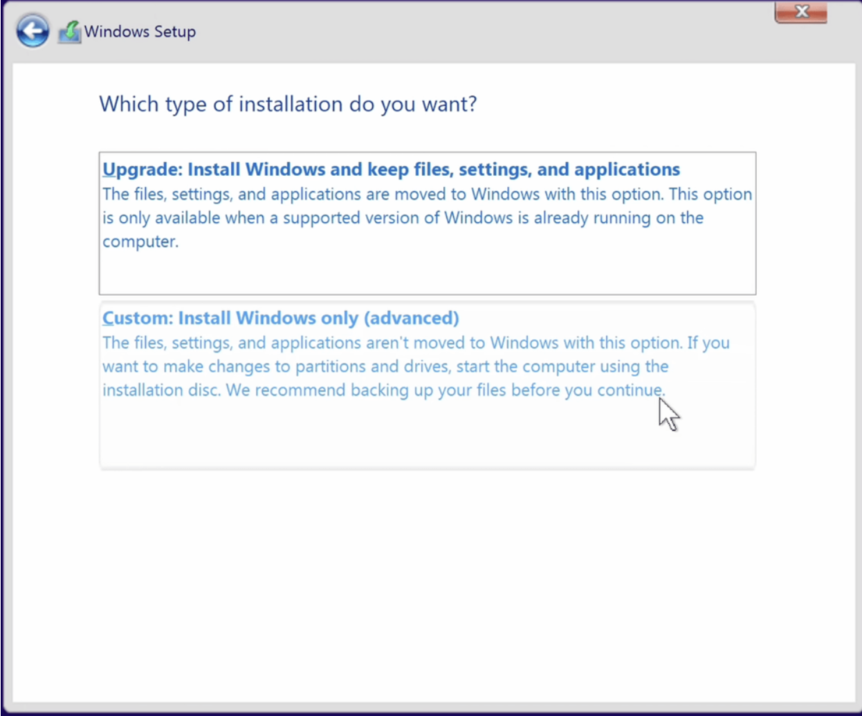 Choose  <i>Custom: Install Windows only (advanced) </i>